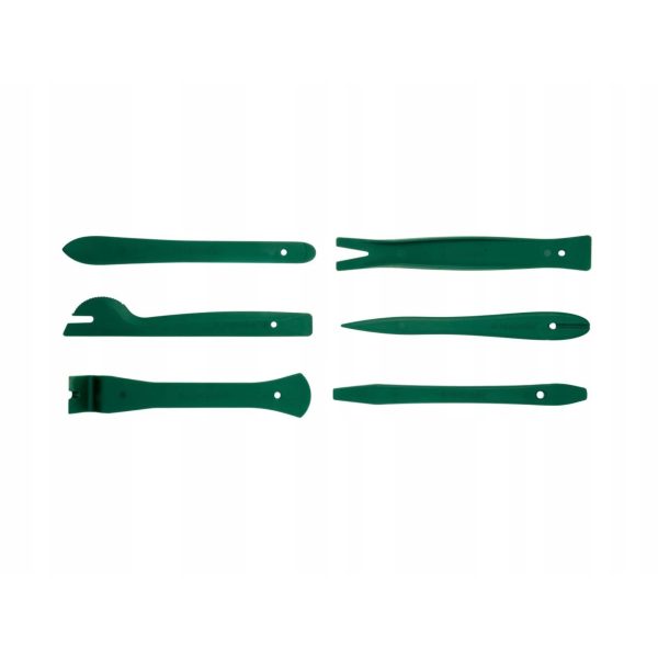 Set 6 chiavi Parkside in plastica verde per rimozione elementi decorativi auto, vista completa attrezzi
