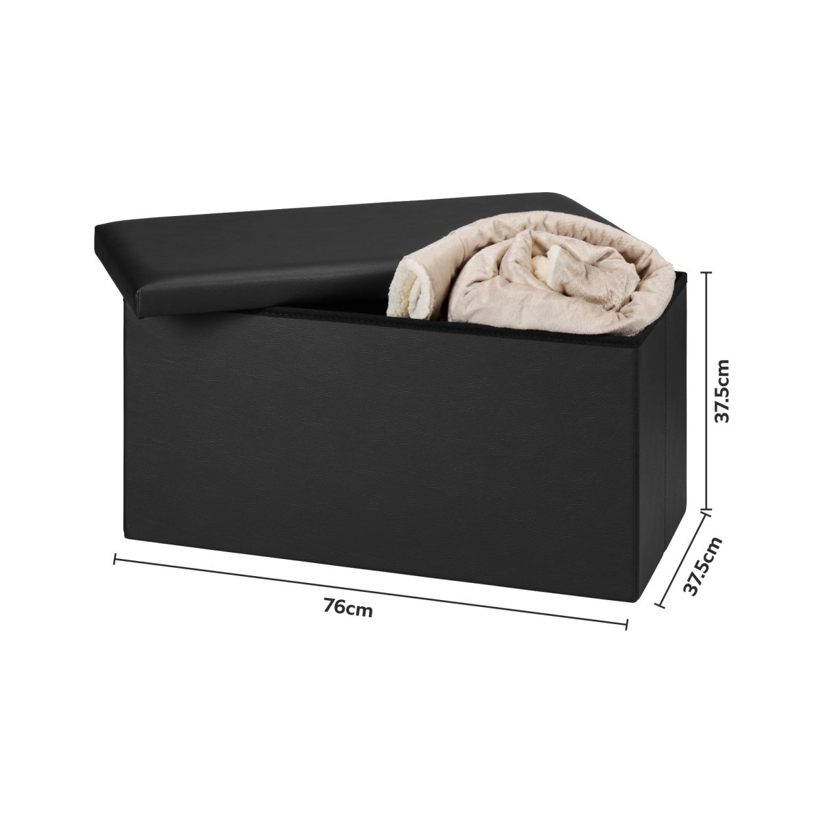 Panca contenitore Livarno Home nera aperta con coperta all'interno e dimensioni 76x37,5x37,5cm