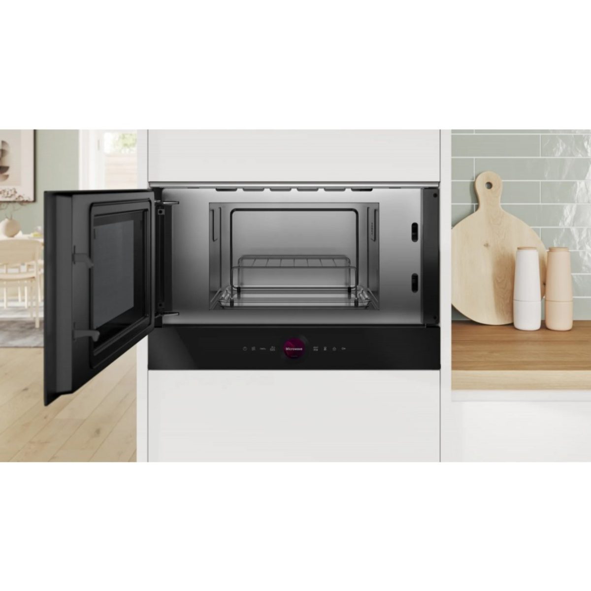Bosch BEL7321B1 microonde grill 21L incassato in cucina con sportello aperto e griglia interna visibile