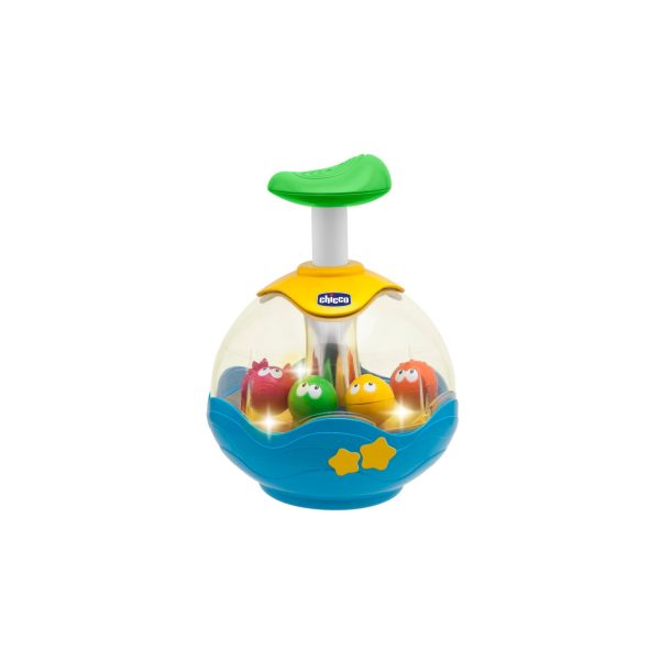 Chicco Trottola Acquarium Baby Senses con pesciolini colorati luminosi, vista frontale del giocattolo
