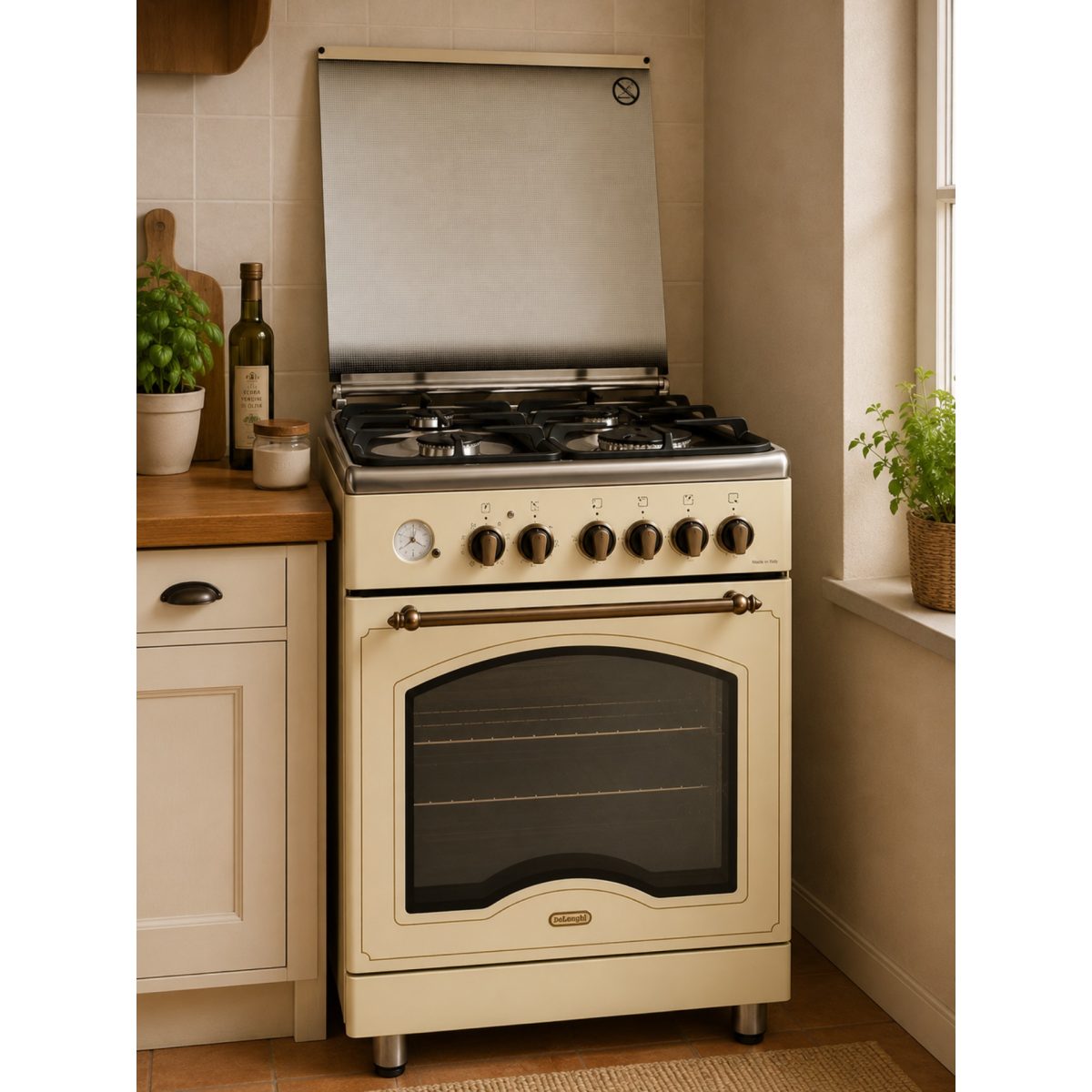 De'Longhi PEMB 664 CLSG cucina a gas 4 fuochi cream installata in cucina rustica, ambientazione con dettagli in stile country