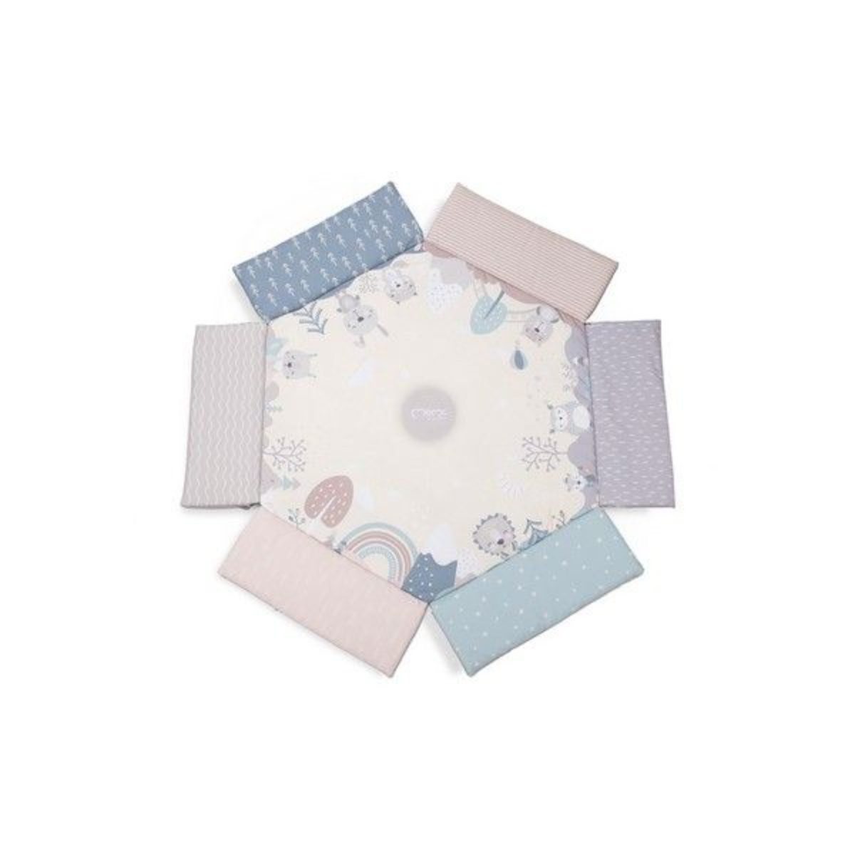 Momi Pastel tappeto palestrina Maxi 3-in-1 dettaglio pattern esagonale con fantasie animaletti e arcobaleno