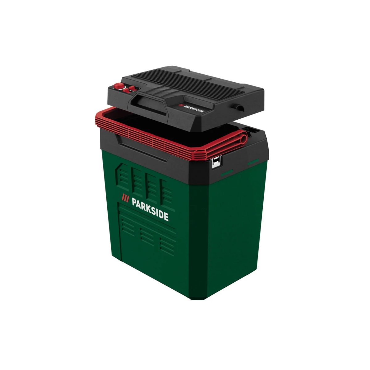 Frigo portatile Parkside 24L ricondizionato con coperchio sollevato, vista laterale interno vuoto