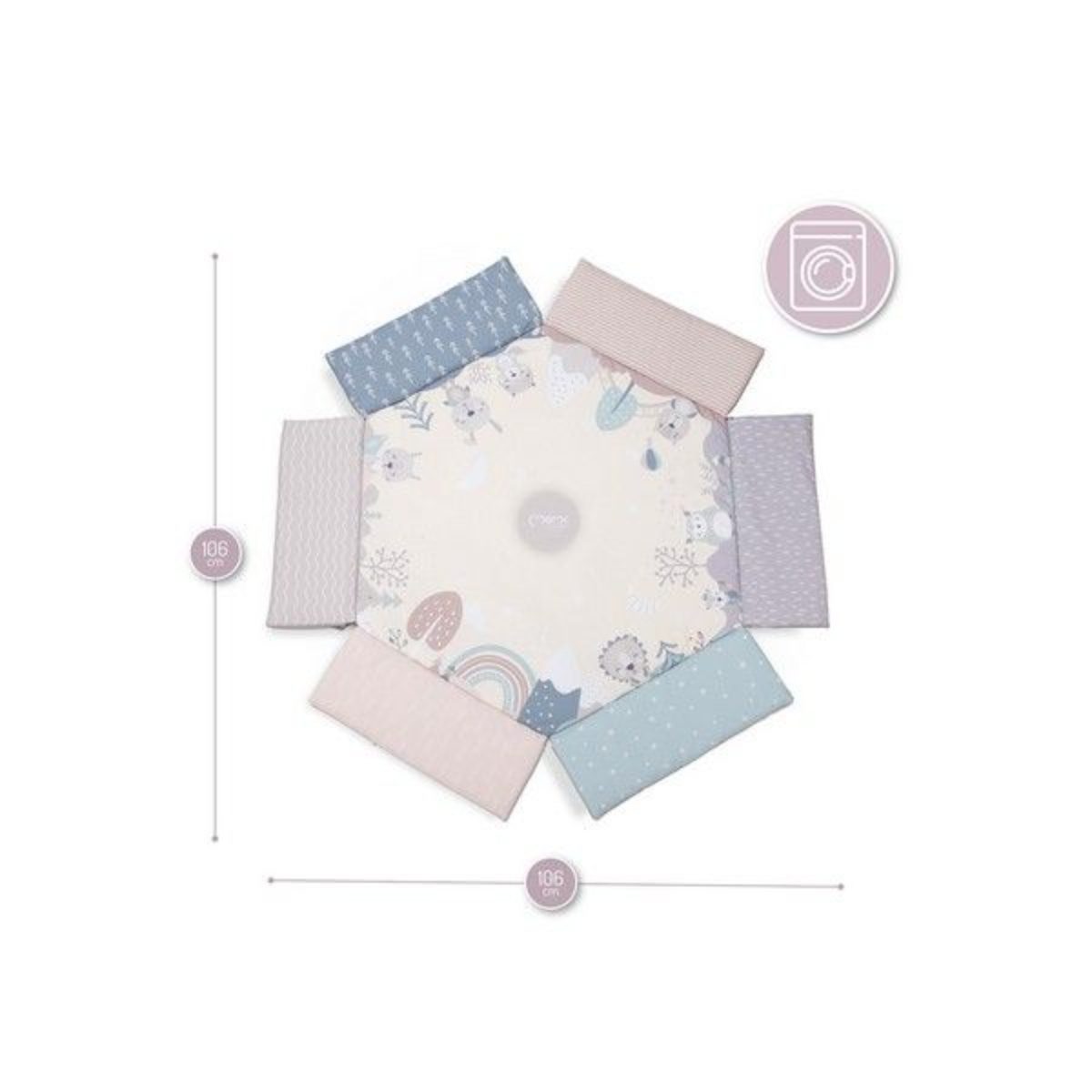 Momi Pastel tappeto palestrina Maxi 3-in-1 vista dall'alto con dimensioni 106x106 cm e simbolo lavabile
