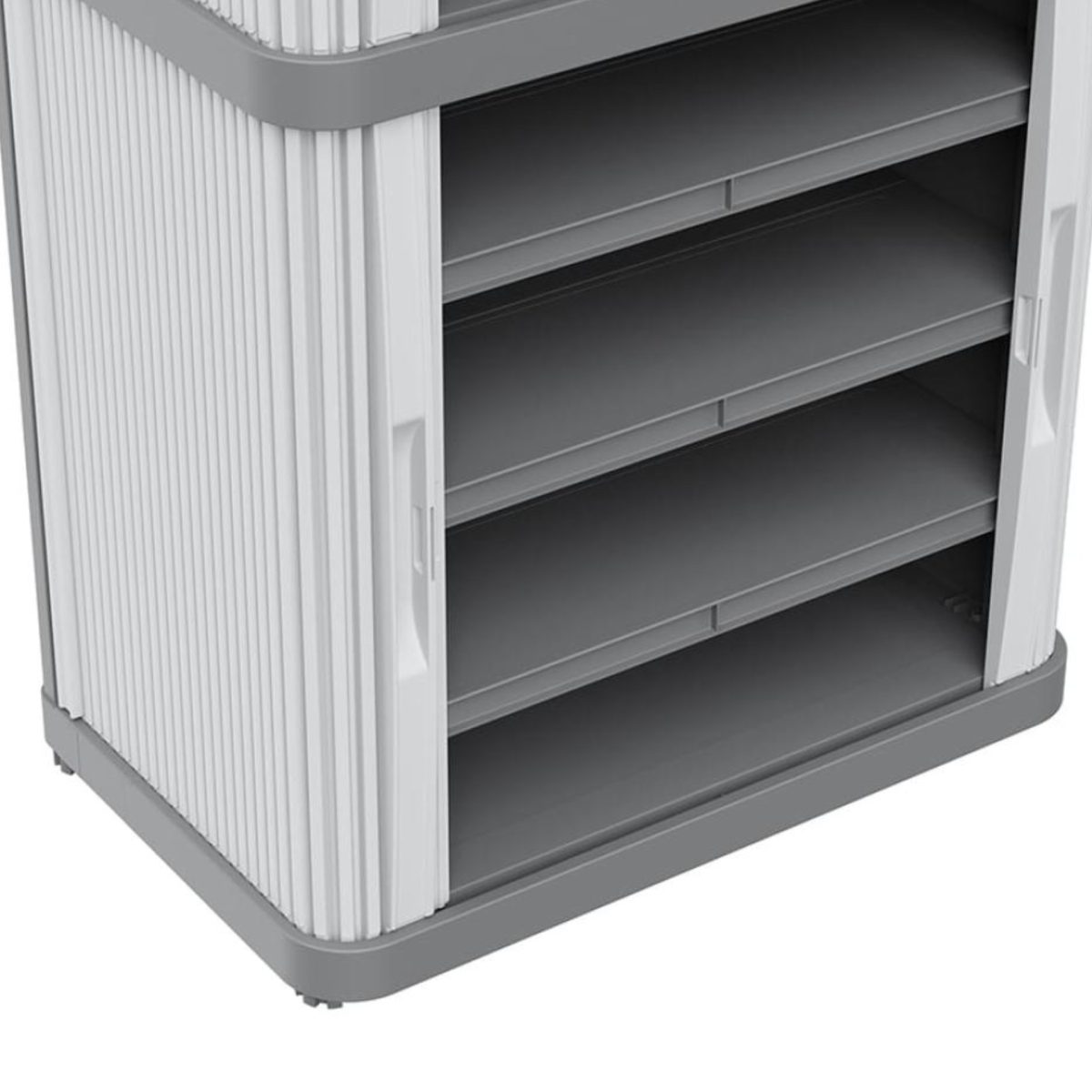 Terry Rolling Space Modular 2, dettaglio interno con ripiani regolabili e anta a saracinesca aperta