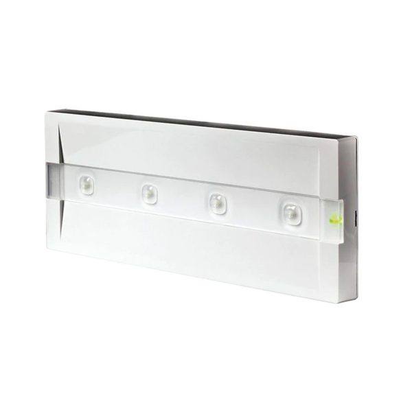 Beghelli 4341F UPLED lampada emergenza bianca vista laterale con 4 LED e indicatore verde