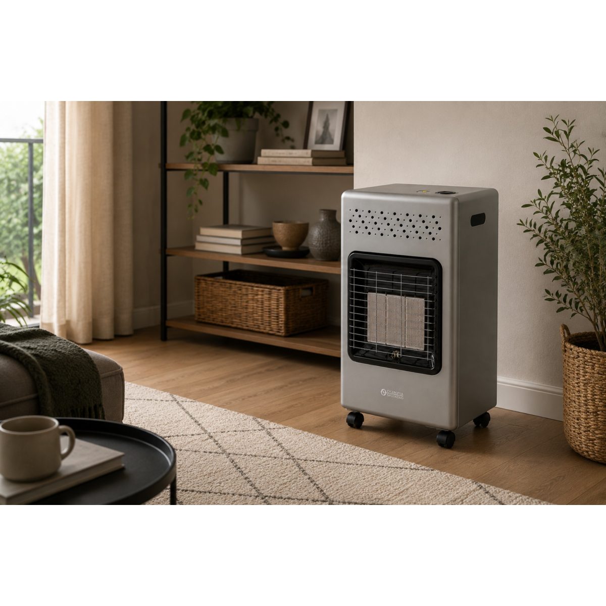 Stufa gas GPL Olimpia Splendid Stovy Infra Silver 4200W ambientata in salotto moderno