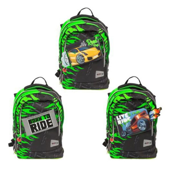 Zaino scuola estensibile GoPop Monster Truck nero e verde, tre varianti tasca frontale a confronto
