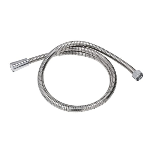 Tubo flessibile per doccia e vasca in acciaio inox 2m, vista completa con attacchi e guarnizioni