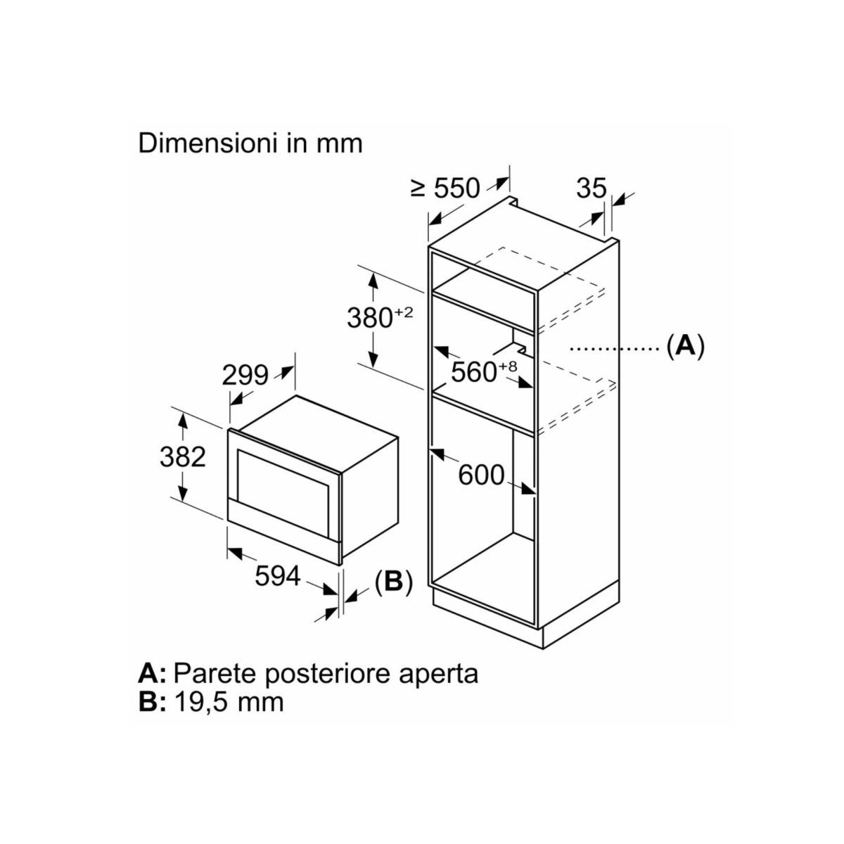 Bosch BEL7321B1 microonde incasso 21L, schema tecnico dimensioni per colonna con mensole 380 mm