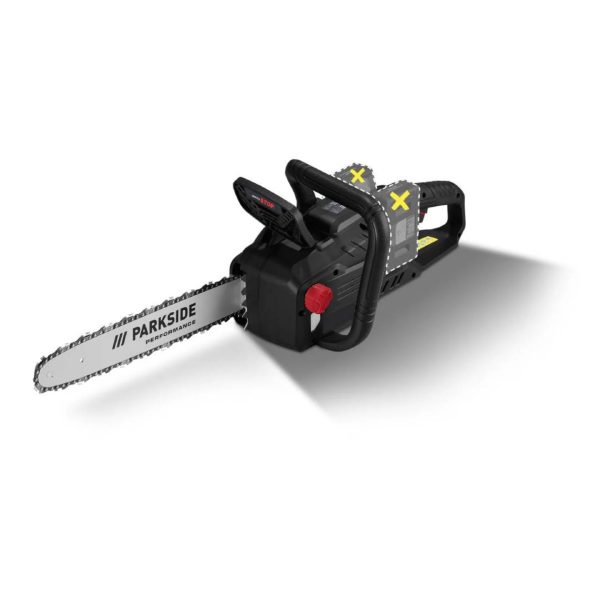 Motosega ricaricabile Parkside PPKSA 40 vista prospettica con barra e freno catena