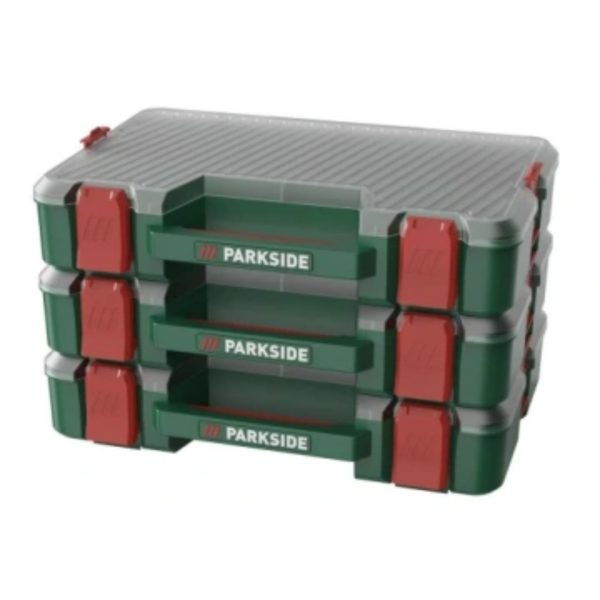 Set 3 valigette portaminuteria Parkside impilate con chiusure rosse e coperchio trasparente