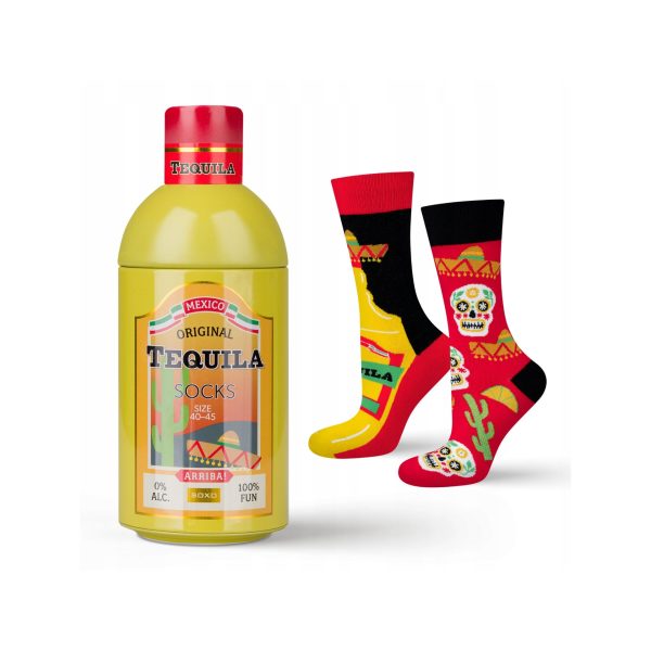 Calze Soxo tema tequila con confezione a forma di bottiglia e paio di calze messicane rosse e gialle