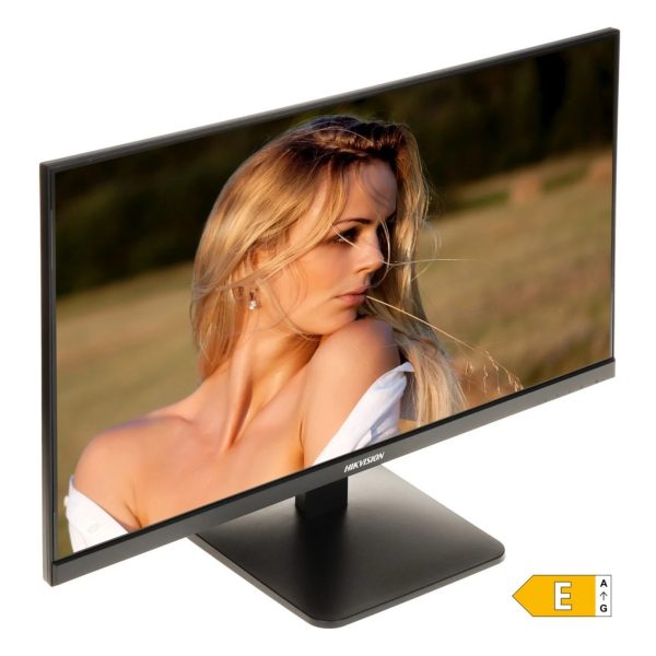 Monitor Hikvision DS-D5027F2-1P2 27 pollici Full HD, vista prospettica con schermo acceso e ritratto