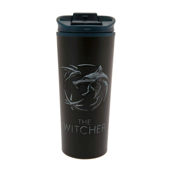 Tazza da viaggio The Witcher in metallo 450ml, vista frontale con logo lupo e scritta The Witcher