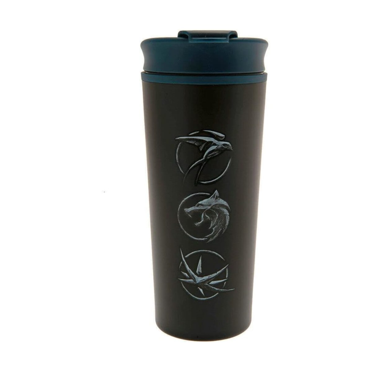 Tazza da viaggio The Witcher 450ml, vista laterale con i tre sigilli delle scuole di strigo incisi