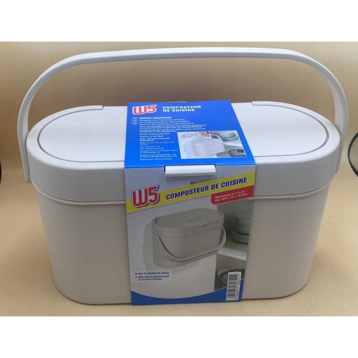 W5 Contenitore Compostaggio Cucina Beige 4,5 Litri vista laterale con manico e coperchio a scomparto