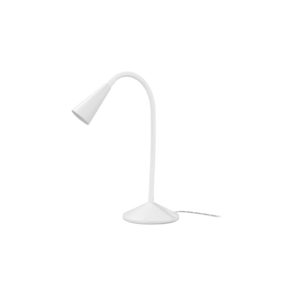 Lampada LED da tavolo Livarno 47cm bianca, vista frontale con collo flessibile e base a cono
