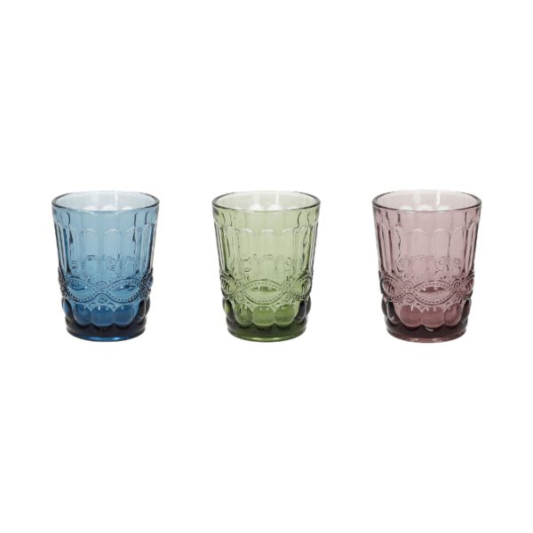 Tognana Madame set 3 bicchieri 230cc vetro colorato azzurro verde e viola con decoro a rilievo