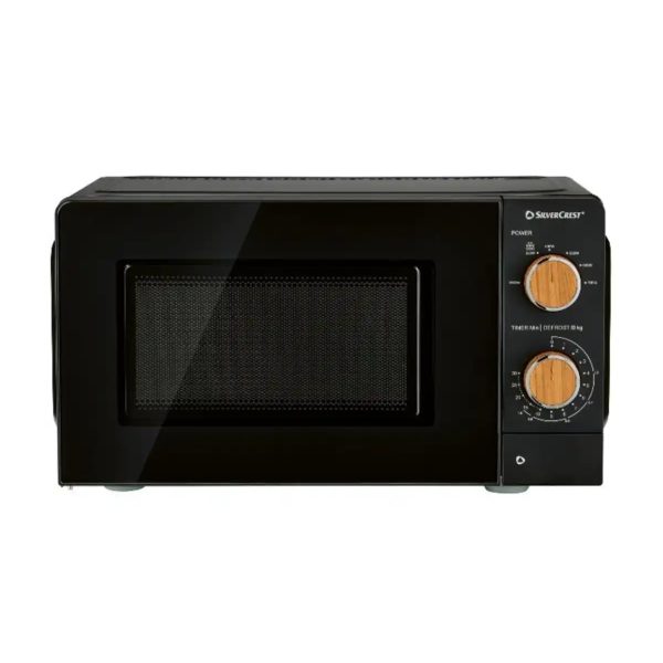 Forno a microonde Silvercrest SMWH 700 C1 ricondizionato, vista frontale con manopole in decoro legno