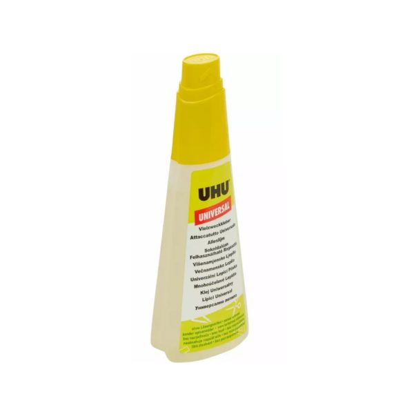 Colla universale UHU con tappo anti essiccazione, vista frontale dell'etichetta multilingua