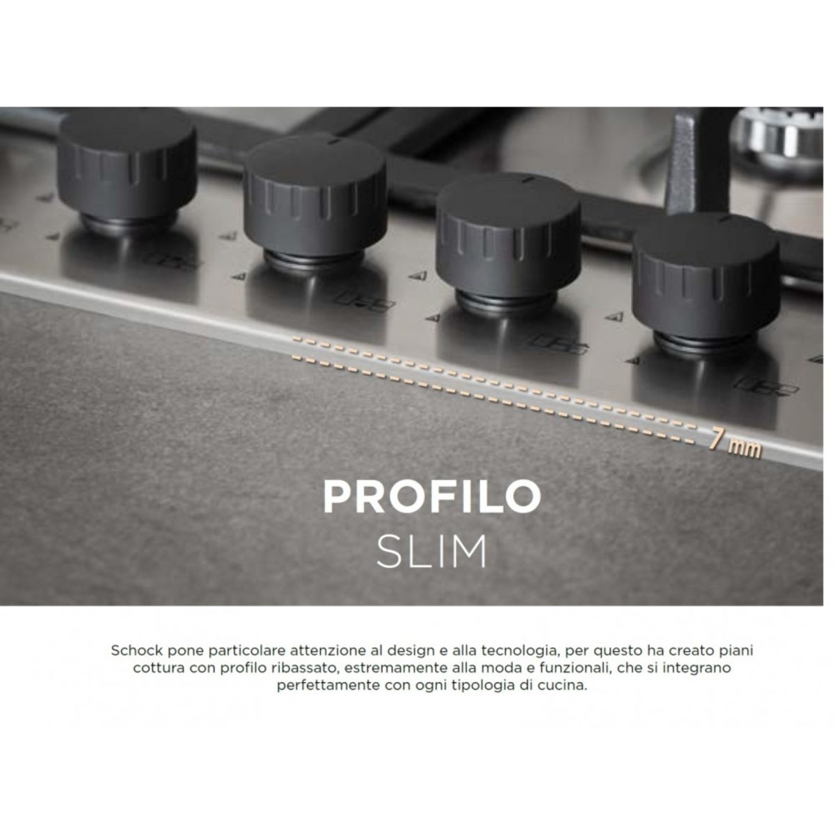 Dettaglio profilo slim ribassato 7mm del piano cottura Schock STR85THIXN con manopole in primo piano