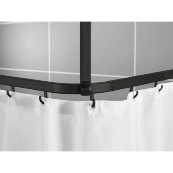 Bastone tenda doccia Livarno nero componibile angolare, dettaglio snodo e ganci con tenda bianca montata