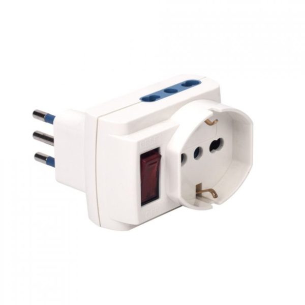 Adattatore triplo Poly Pool PP2386 bianco con interruttore, vista prese multistandard e schuko