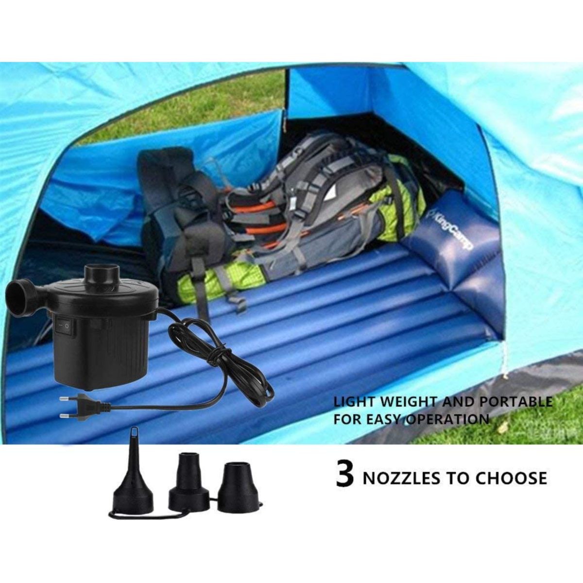 Pompa aria elettrica Silvercrest SGP 230 usata per materassino da campeggio con i 3 ugelli intercambiabili