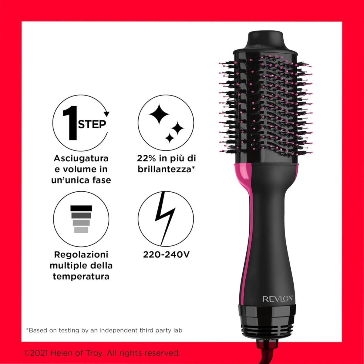 Revlon One-Step spazzola asciugacapelli, infografica con caratteristiche: 1 step, brillantezza, temperature, 220-240V