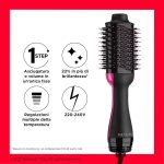 Revlon One-Step spazzola asciugacapelli, infografica con caratteristiche: 1 step, brillantezza, temperature, 220-240V