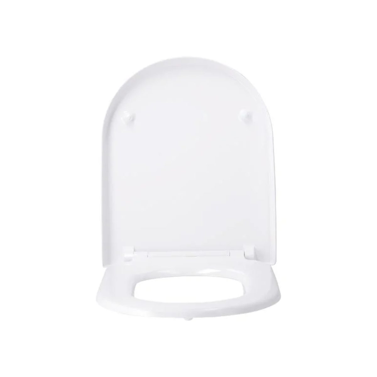 Asse WC Livarno bianco Duroplast 45x37 cm vista dall'alto con cerniere aperte e sistema di fissaggio
