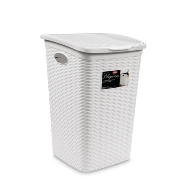 Portabiancheria Stefanplast Elegance 50lt bianco, vista frontale con design rattan e coperchio