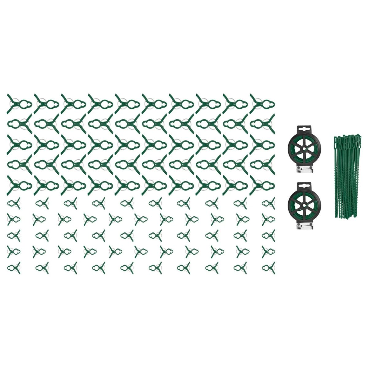 Composizione completa del set Parkside 142 pezzi: tutte le clip fermapiante, i due dispenser filo e i legacci