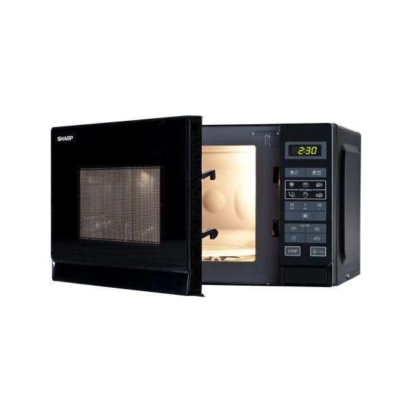 Sharp R-242 BKW microonde nero con sportello aperto, vista interna e pannello comandi digitale