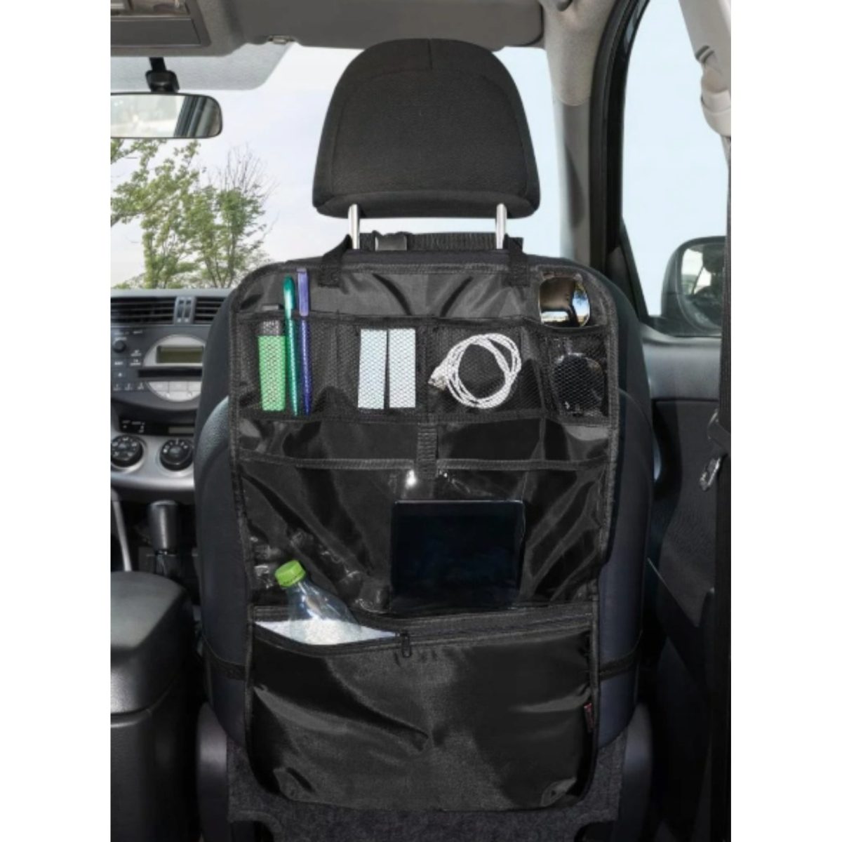 Portaoggetti sedile auto Ultimate Speed 62x40 montato su poggiatesta con tablet, bottiglia e accessori negli scomparti