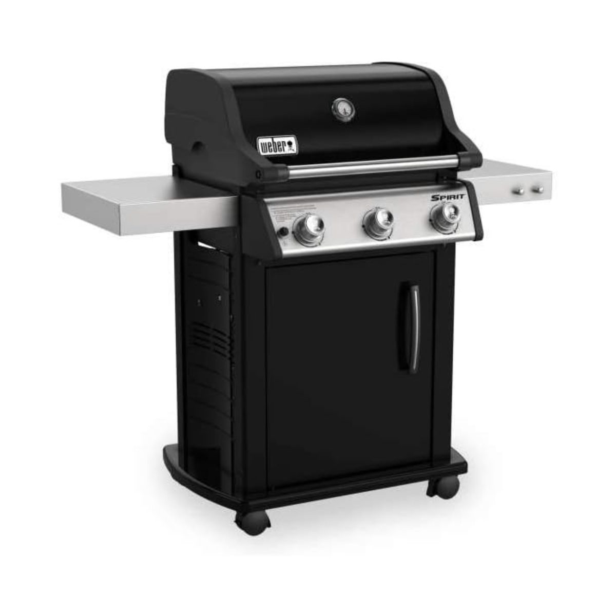 Barbecue Weber Spirit E-315 GBS nero visto di lato con pannello comandi e sportello mobiletto