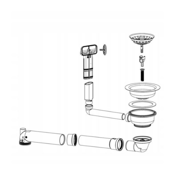 Set scarico lavello Schock 411060CHR cromo con sifone, disegno esploso di tutti i componenti e attacchi