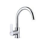 Miscelatore cucina Livarno Home canna alta girevole 26cm, vista frontale con leva rossa e blu