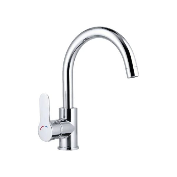Miscelatore cucina Livarno Home canna alta girevole 26cm, vista frontale con leva rossa e blu