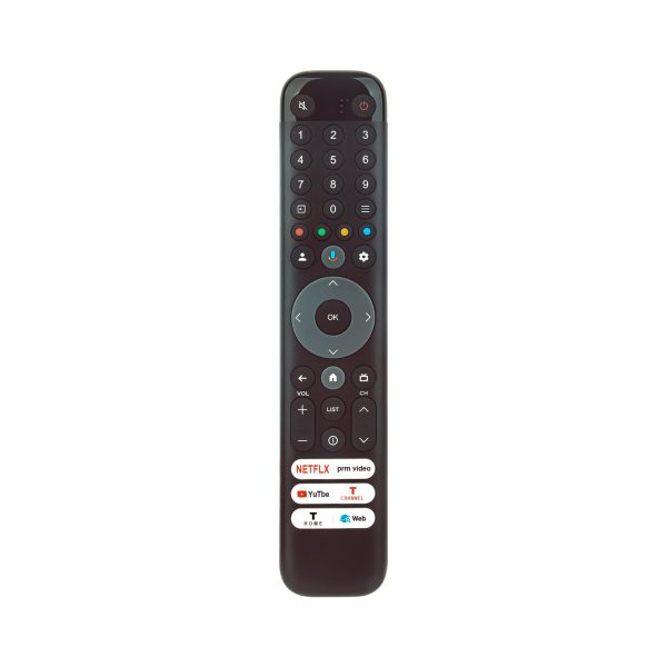 Telecomando vocale Bluetooth TCL RC833 per Smart TV QLED, vista frontale con tasti numerici e app dedicate