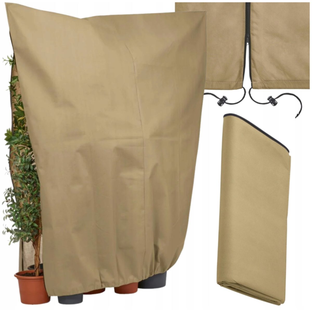 Parkside sacco protettivo piante XXL - dettagli e coulisse Sacco protettivo piante Parkside XXL beige 240x200cm: vista d'insieme, coulisse regolabile e sacco piegato