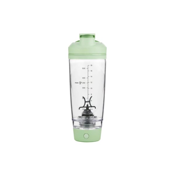 SilverCrest Shaker Elettrico Ricaricabile 500ml USB-C colore Menta, vista frontale con miscelatore e tacche di livello