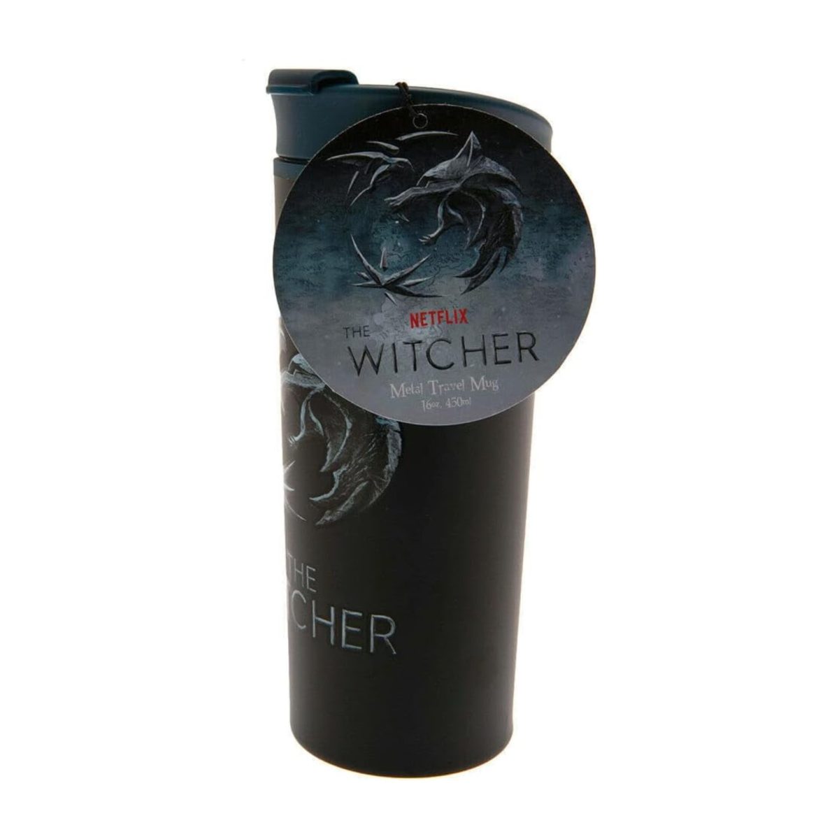 Tazza termica The Witcher 450ml con etichetta ufficiale Netflix appesa, dettaglio confezione e branding