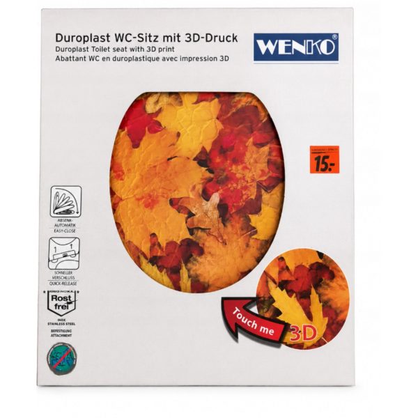 Wenko Sedile Copriwater Motivo Foglie Arancione Giallo confezione originale con dettagli chiusura ammortizzata
