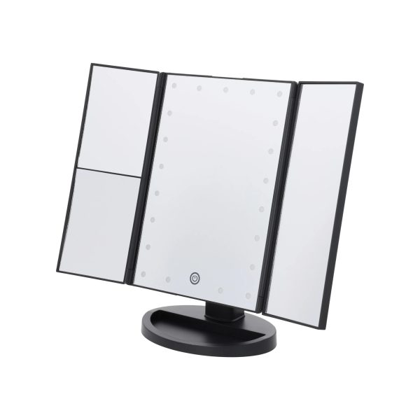 Specchio cosmetico a LED Cien Beauty nero pieghevole a tre ante, vista frontale con touch control