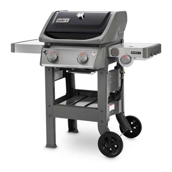 Weber Spirit II E-220 GBS barbecue a gas nero, vista frontale con 2 bruciatori, fornello laterale e ruote