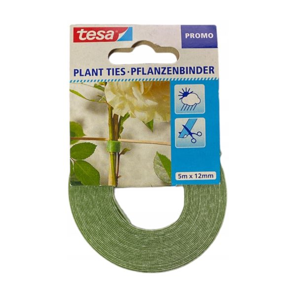Tesa nastro da giardinaggio flessibile 5m x 12mm in confezione originale con esempio di legatura piante