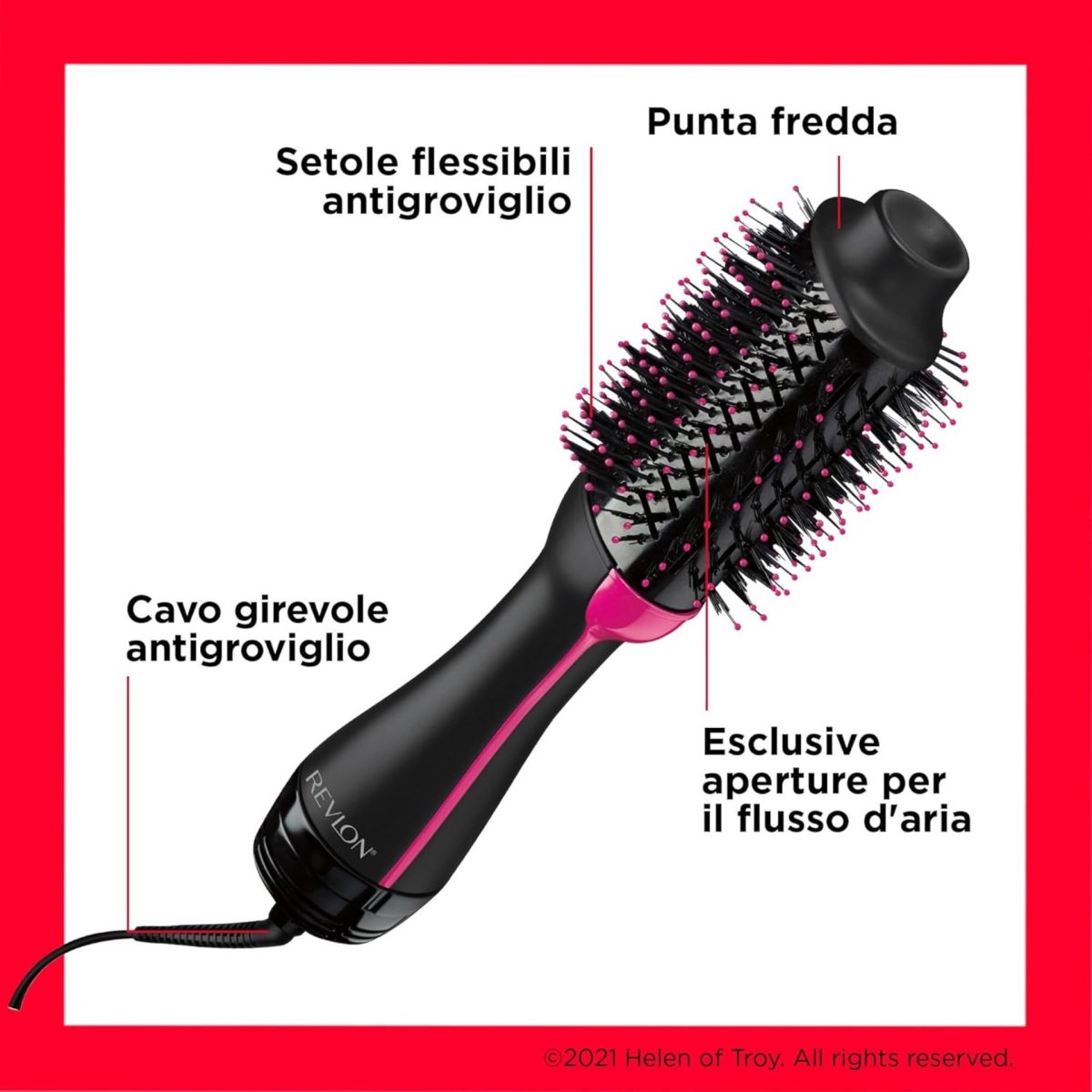 Revlon One-Step spazzola asciugacapelli, dettaglio setole antigroviglio, punta fredda e cavo girevole