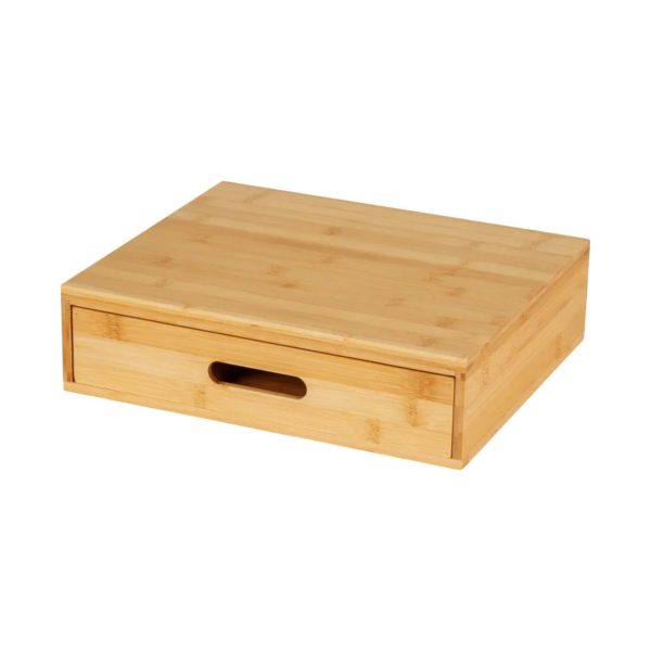 Wenko contenitore portaoggetti in bambù 33x28x8,7 cm, vista frontale con cassetto e maniglia intagliata